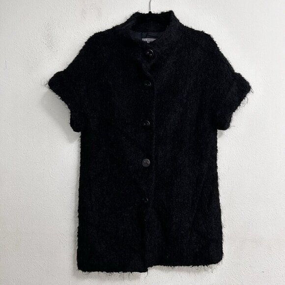 VINCE Sz M Alpaca Mohair Button Cardigan Sweater Coat Black Short Sleeve Woolly - Picture 1 of 12